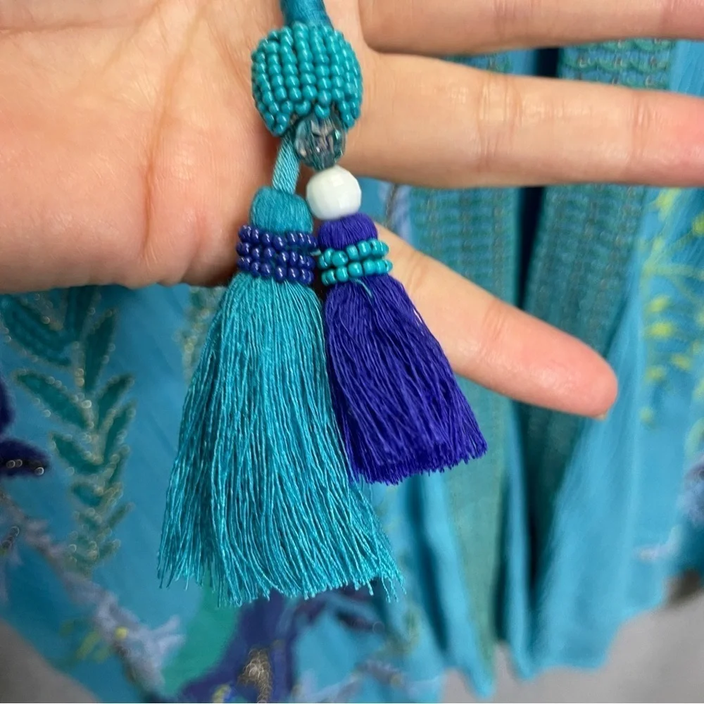 Chico’s Beaded Embroidered Fairycore Whimsy Open Front Tassel Tie Duster